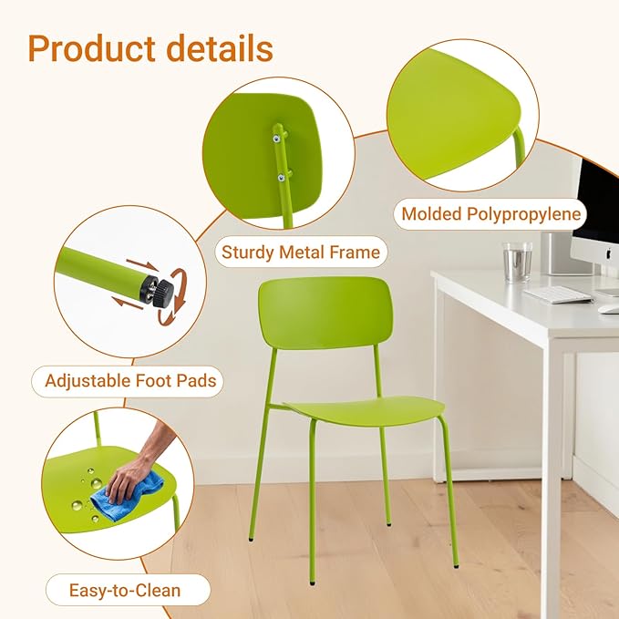 Sidanli Stackable Chairs Set of 4, Metal Dining Chairs with Plastic Seat, Capacity 300lbs, Stacking Chairs for Waiting Break Room Kitchen Party, Green