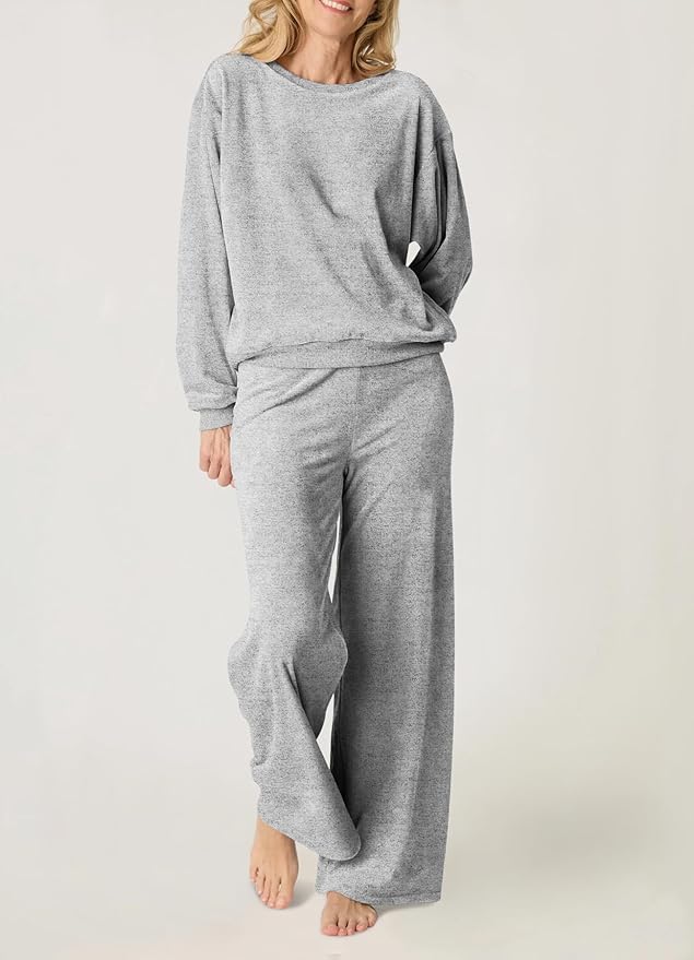 Aamikast Women's 2-Piece Lounge Set Soft Brushed Jersey Sleepwear Pajamas Set Long Sleeve Top & Wide Leg Pants