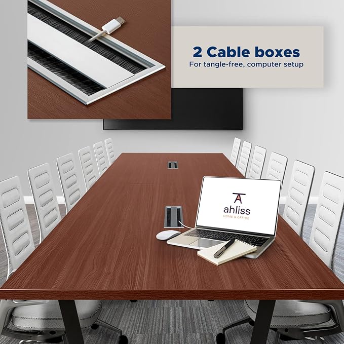 ahliss Sturdy Conference Table with Cable Management Grommets Modern Rectangle Office Meeting Table with Wood Tabletop and Metal Frame & Legs- Easy Assembly Boardroom Table (Mahogany, 12 Foot)