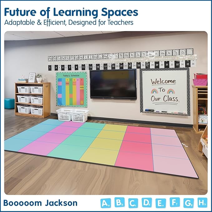 Booooom Jackson 7'6''x13' Pastel Rainbow Classroom Rug for Kids Room Seating Décor - Thick Nylon Large Preschool Carpet Daycare Rug for Teaching & Playroom, Non-Slip &No Triping,20X Stain Resistance