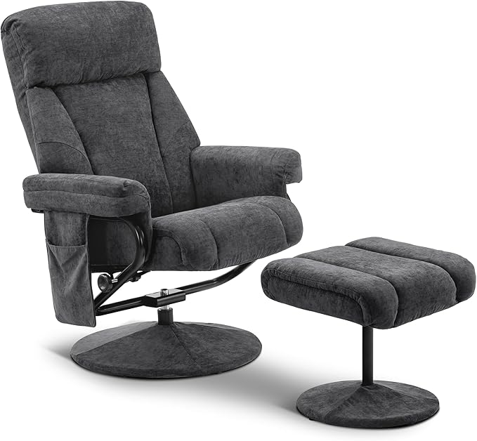 MCombo Swivel Recliner with Ottoman, TV Chair with Vibration Massage, Ideal for RV Small Space, Living Room & Bedroom 4539 4828 (Textile, Dark Grey)