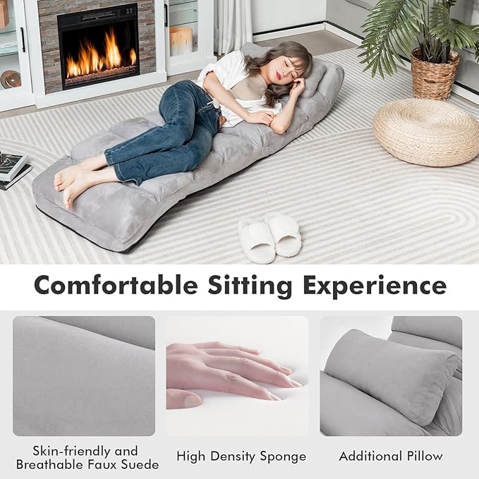 Giantex Folding Lazy Sofa Chair, Modern Chaise Lounge W/Pillow for Reading Leisure, Foldable Comfy Floor Accent Chair for Bedroom Living Room (Gray)