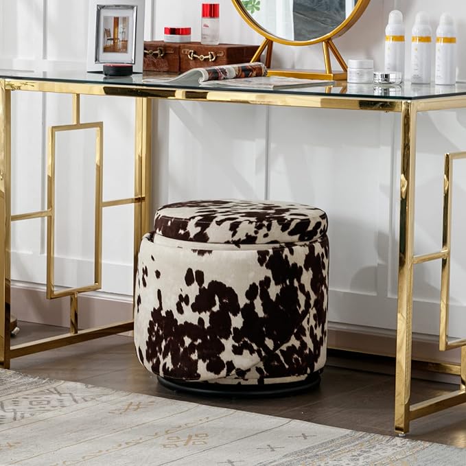 Modern Swivel Ottoman Vanity Chair, Linen Upholstered Barrel Club 360°Degree Swivel Side Stool with Storage, Comfy Makeup Stool for Bedroom Living Room, Milk Cow