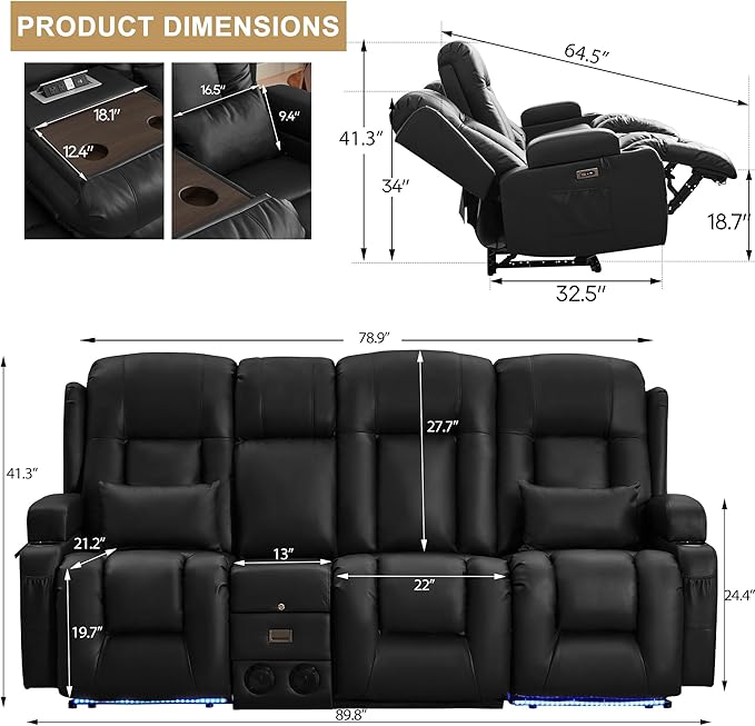 URRED Loveseat Recliner Sofa with Massage and Heat, Power Reclining Loveseat Sofa RV Couch with Console and Middle Seat, 3-Seater Home Theater Seating with LED Lights, Faux Leather, Black