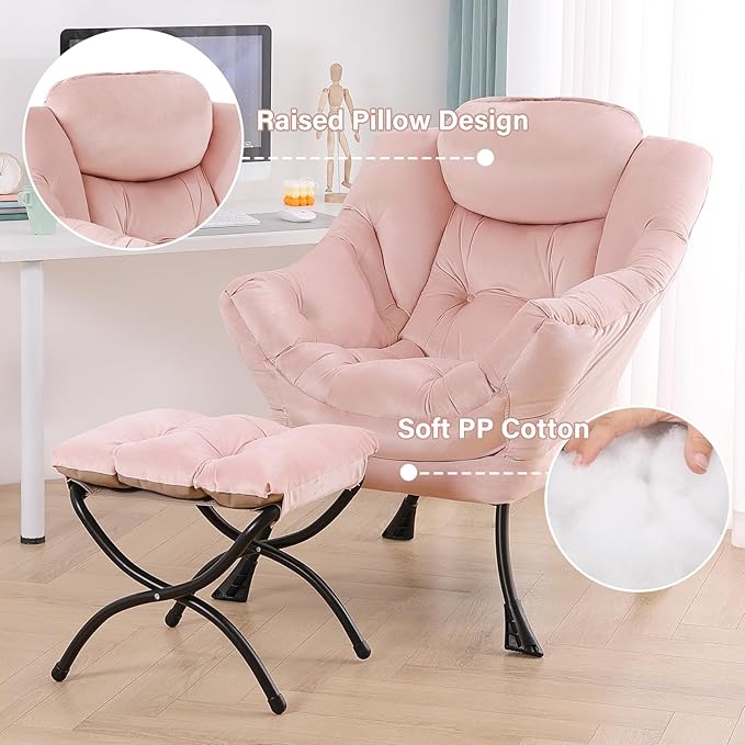 Tiita Lazy Chair with Ottoman, Pink Chair Modern Large Accent Lounge Armchair, Comfy Leisure Sofa Reading Chair with Footrest for Bedroom, Living Room, Dorm Rooms, Garden and Courtyard, Velvet Pink