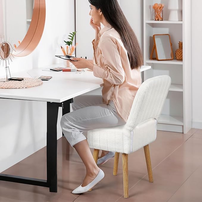 Vanity Stool Chair with Storage and Folding Backrest, White Soft Faux Rabbit Fur Upholstered Footstool, 4 Solid Wood Legs with Anti-Slip-Scratch Foot Pads, Furry Padded Seat for Makeup, Bedroom