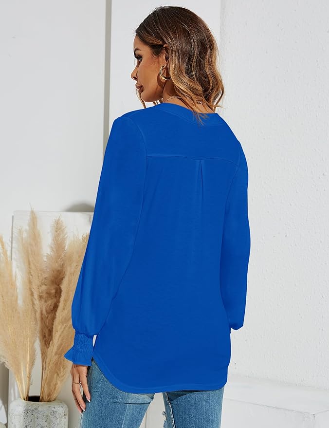 Romanstii Women's Casual V-Neck T-Shirts Loose Puff Long Sleeve Tops Tunic Blouses