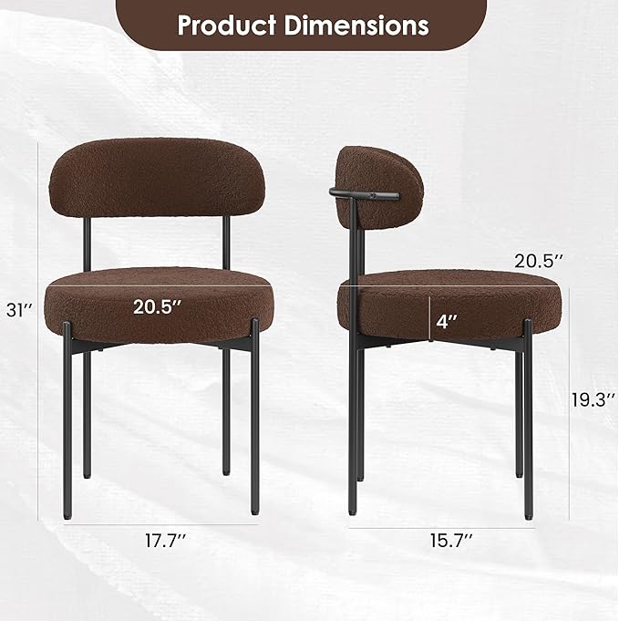 Farini Dining Chairs Set of 4,Mid-Century Modern Kitchen Chair Curved Backrest Round Upholstered Sherpa Dining Chairs with Metal Legs,Coffee