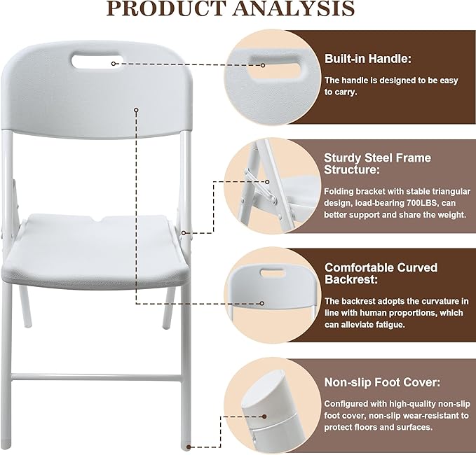 6 Pack Folding Chair, 700 lb Weight Capacity,Indoor/Outdoor Heavy Duty Foldable Chairs for Restaurants, Kitchens, Picnics, Races, Parties & Weddings. (6, White)