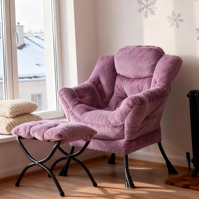 Welnow Lazy Chair with Ottoman, Modern Lounge Accent Chair with Armrests and a Side Pocket, Leisure Sofa Armchair Set, Reading Armchair with Footrest for Small Space, Plush Purple