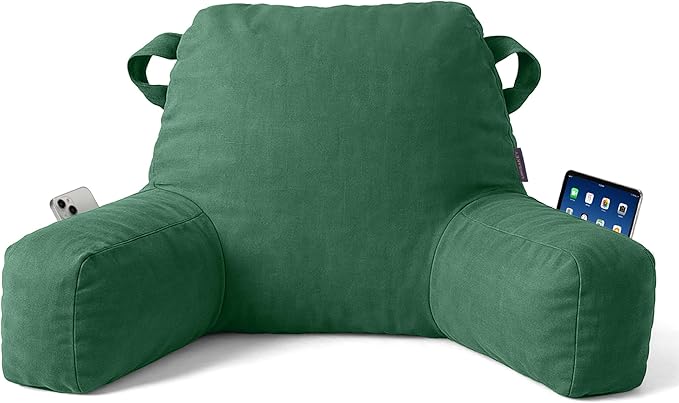 Unisakey Portable Comfy Reading Pillows for Bed Sitting Up(Green Oeko-Tex), Velvet Back Pillow with Arms & Pockets for Adults, Support Memory Foam Bed Pillow for Dorm/Reading/Watching/Gaming