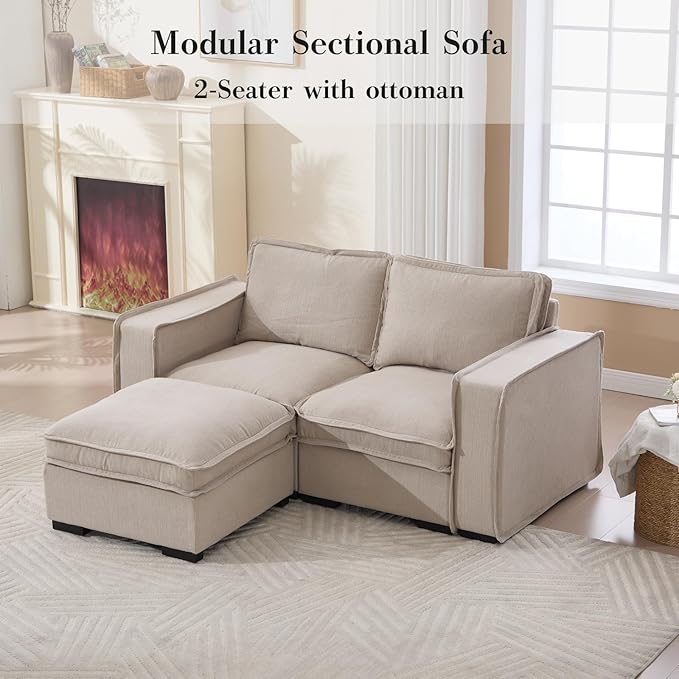 HEAY-YO 67 Inches Modern Modular Sectional Sofa,L Shape 2-Seater Comfy Couch with Moveable Ottoman,Floor Sofa for Living Room Bedroom Apartment,Linen Sand