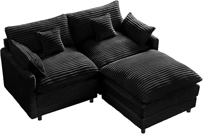 HYJT-H&K 74" L Shaped Cloud Couch Modular Small Sectional Couches for Living Room Small Spaces, Comfy Fluffy Corduroy Cloud Loveseat with Ottoman 3 Seat Sectionals Sofa, Black