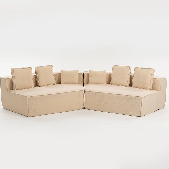 EPOFIT 132'' Oversized Teddy Fleece Modular 2-Seater Sofa, Compressed All-Foam Floor Couch with 6 Cushions, Low-Profile Cozy Sectional Sofa for Living Room & Apartment – Beige