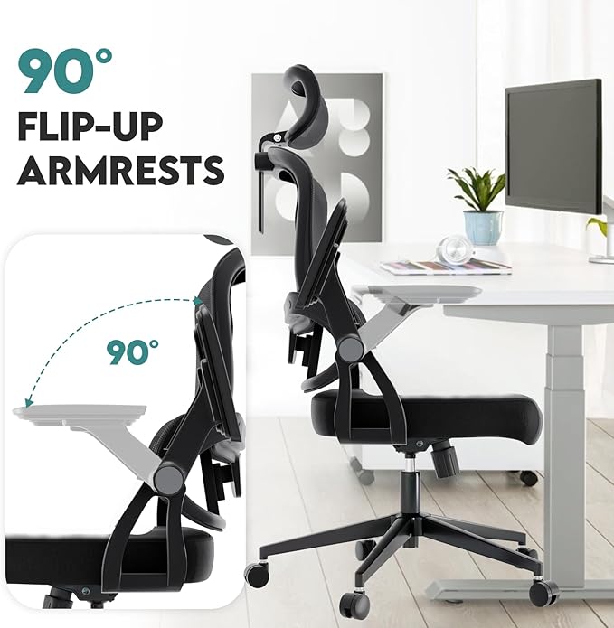 Office Chair Ergonomic Desk Chair with Lumbar Support&Headrest&Flip-up Arms Height Adjustable Rocking Swivel High Back Computer Chair Multi-Angle from 90° to 125° with 350LBS Capacity(05Black)