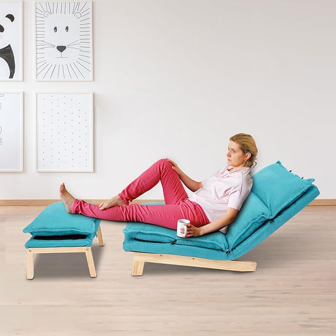 Single Lazy Leisure Chair, Adjustable Recliner Balcony Reclining Japanese Tatami Chair with Ottoman, Floor Seating Lounge Chair with Backrest and Footrest, Upholstered Chair for Living Bedroom (Blue)