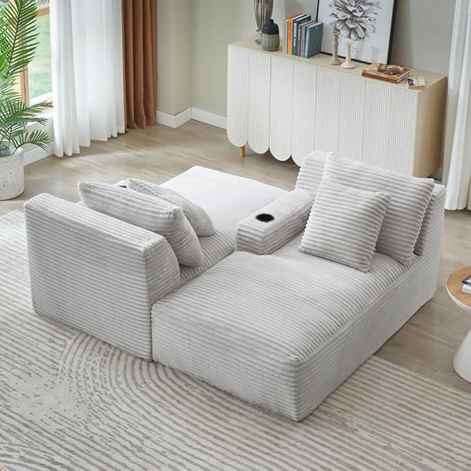 71" Oversized Double Chaise Lounge Sofa Indoor Boneless Sleeper Daybed, Fluffy Corduroy Upholstered Compressed Cloud Couch Loveseat Sofabed, Floor Chair w/Cupholders, Side Pockets for Living Room