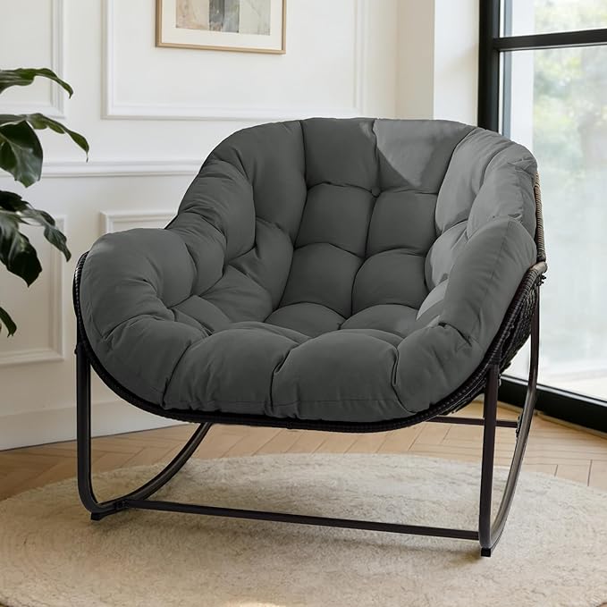 Sgentle Papasan Rocking Chair Outdoor, Oversized Patio Rocking Chair with Cushions & Steel Frame, Wicker Egg Lounge Chair Indoor, Comfy Reading Chair for Patio, Deck, Porch (Grey, Style 1)
