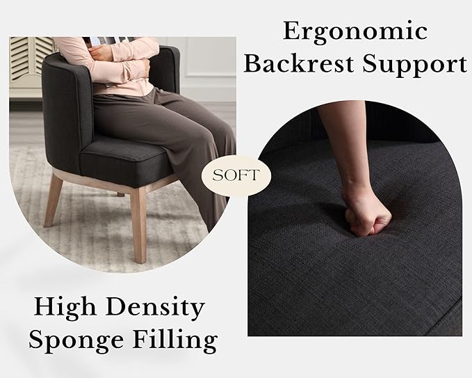 Comfy Barrel Chairs Set of 2 Mid-Century Modern Accent Chairs with Wooden Leg Upholstered Reading Chair Linen Fabric Waiting Room Round Side Chairs for Living Room Bedroom Office, Charcoal