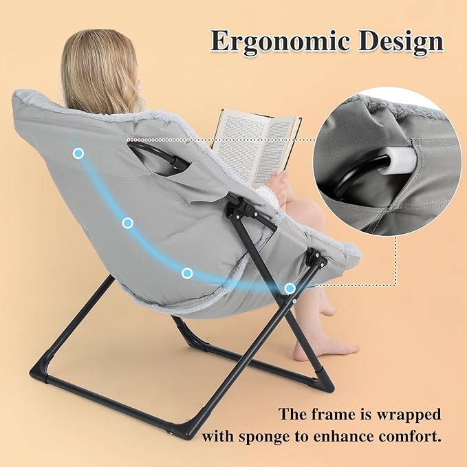 Comfy Saucer Chair for Adults, Set of 2, Soft Faux Fur Bedroom Chair, Accent Dorm Chairs, Flexible Living Room Reading Chairs, Oversized Folding Lounge Seat for Teens, X-Large, Grey
