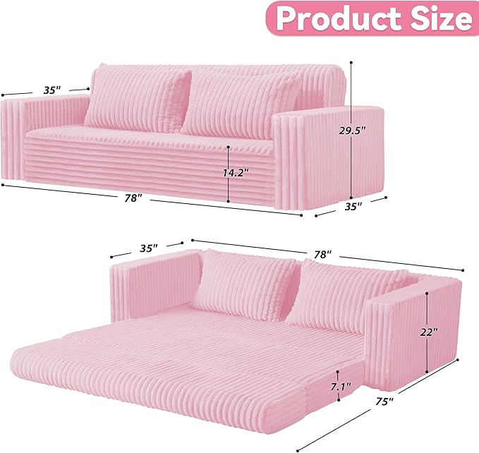 HABUTWAY Folding Sofa Bed, 2 in 1 Convertible Sleeper Chair with 2 Pillows, Portable Fold Out Chair Bed with Armrest, Comfy Floor Couch, Lazy Sofa for Living Room Bedroom Dorm Home Office, Pink