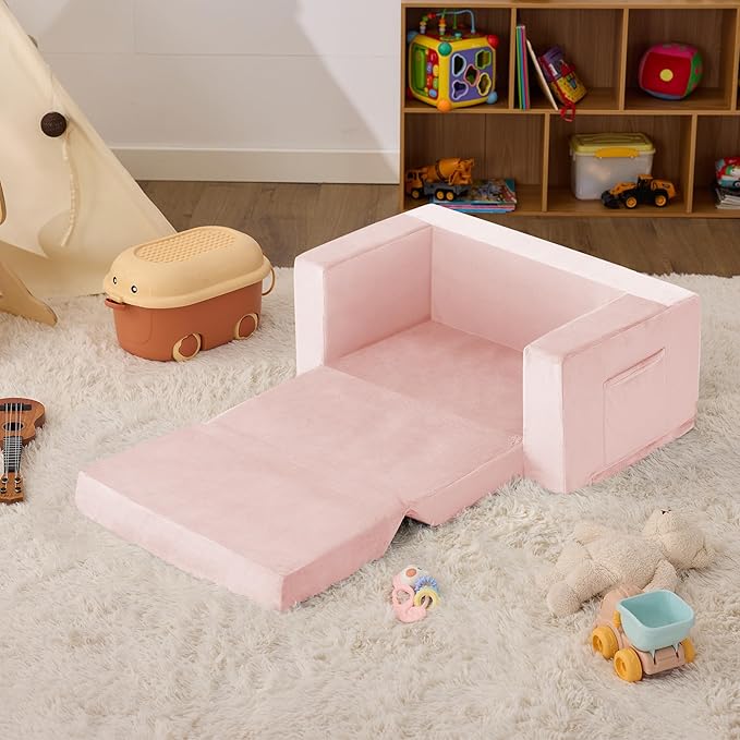 Kids Couch, 2-in-1 Toddler Chair Comfy 1-3 Years, Convertible Kids Chair, Toddler Couch That Fold Out, Kid Lounge Chairs for Boys and Girls, Soft Coral Fleece, Double, Pink