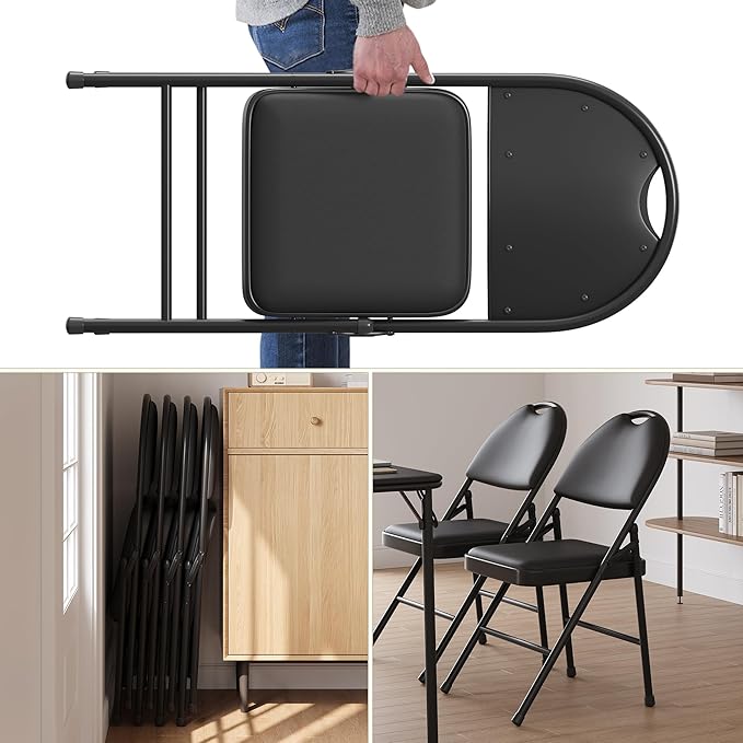 GAOMON 4 Pack Folding Card Chairs, Thickened Padded PU Cushion, Metal Legs and Non-Slip Feet Pads, Portable Stackable Commercial Seat for Events, Office, Wedding, Party, Black