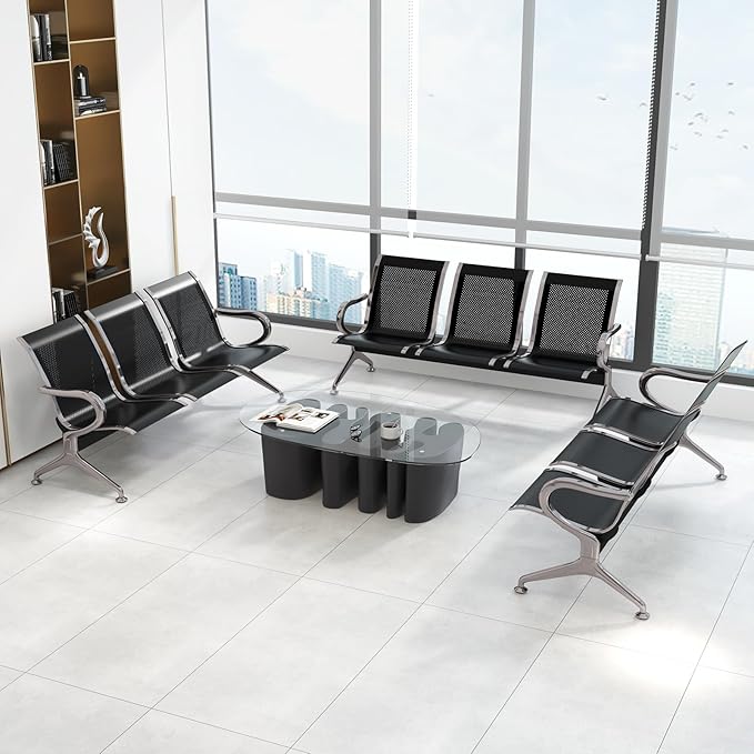 Kinfant 3-Seat Waiting Room Chairs Set - Office Guest Reception Seat Bench with Arms for Airport, Hospital, Bank, Salon, Barbershop, Hall, Room Conference(Black Mesh, Set of 3)