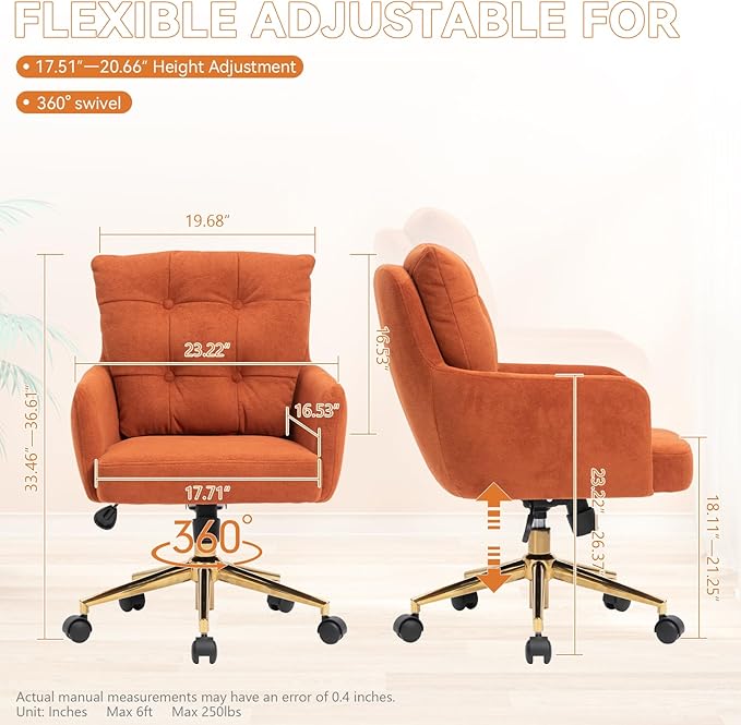 BALIAA Flannel Office Chair, Comfy Home Office Desk Chairs with Lumbar Support, Modern Velvet Desk Chair Gold Legs Small Swivel Task Chair for Home Office, Bedroom, Study (Orange, L)