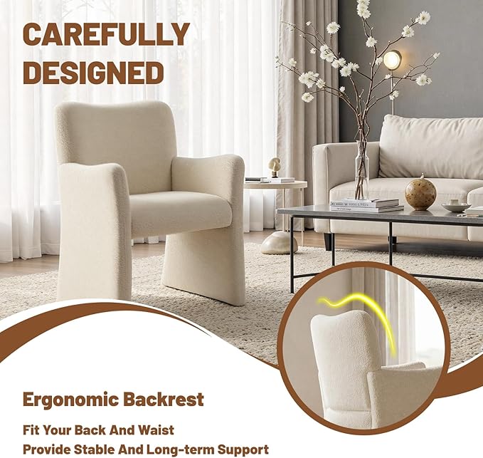CIMOTA Boucle Dining Chairs Set of 6, Sherpa Upholstered Accent Chairs with Arms/Wood Legs, Comfortable Kitchen Chairs for Living/Reception/Dining Room, Beige