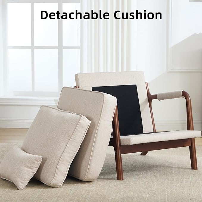 CANMOV Mid Century Modern Accent Chair with Extra Side Storage Pocket Upholstered Reading Armchair with Waist Cushion, Accent Chair for Living Room Bedroom, Easy Assembly, Beige