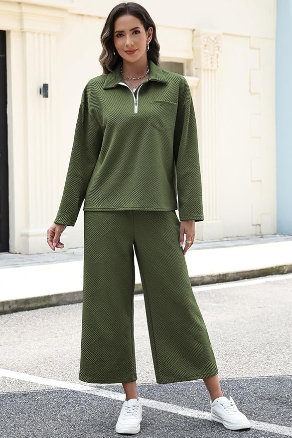 AGSEEM Lounge Sets for Women, Women's 2 Piece Outfits Long Sleeve 1/4 Zip Pullover Cropped Pants 2PC Outfit Comfy Sweatsuits