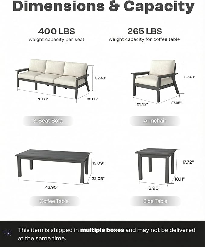 Patio Kingdom Patio Furniture Set 2 Seats, HDPE Outdoor Sectional with Beige Washable Thick Cushions, Coffee Table, Patio Conversation Sets for Lawn, Garden, Porch, Balcony, Deck (Grey Frame)