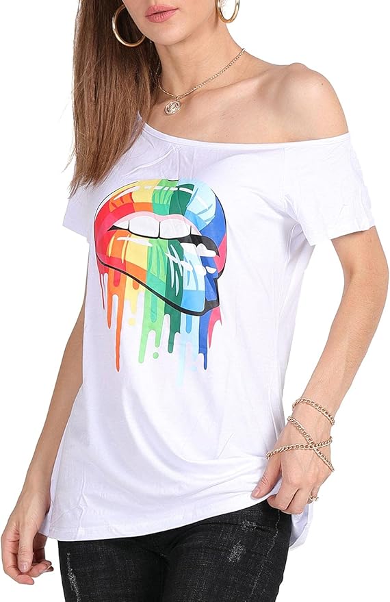 MAGICMK Women’s Short Lips Print Causal Off The Shoulder Plus Size T-Shirt Tops