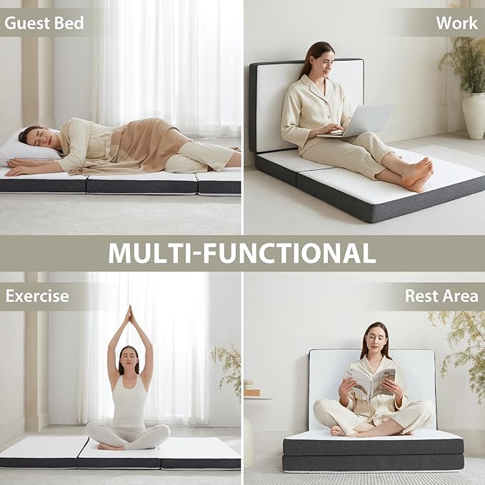 Tri Fold Memory Foam Foldable Mattress Twin XL, 3 inch Folding Mattress for Guest Sleep. Portable Trifold Mat with Removable Washable Cover, Floor Sleeping Mat for Adult and Kid