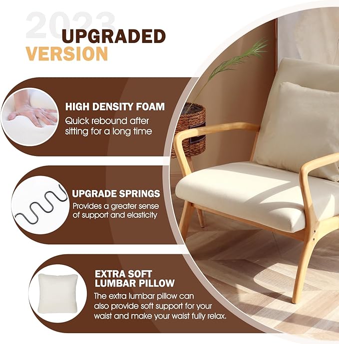 ELUCHANG Accent Chair with Lumbar Pillow,Mid-Century Modern Armchair, Linen Fabric Comfy Reading, Lounge Side Chair for Living Room Bedroom Apartment,Easy Assembly(Beige)