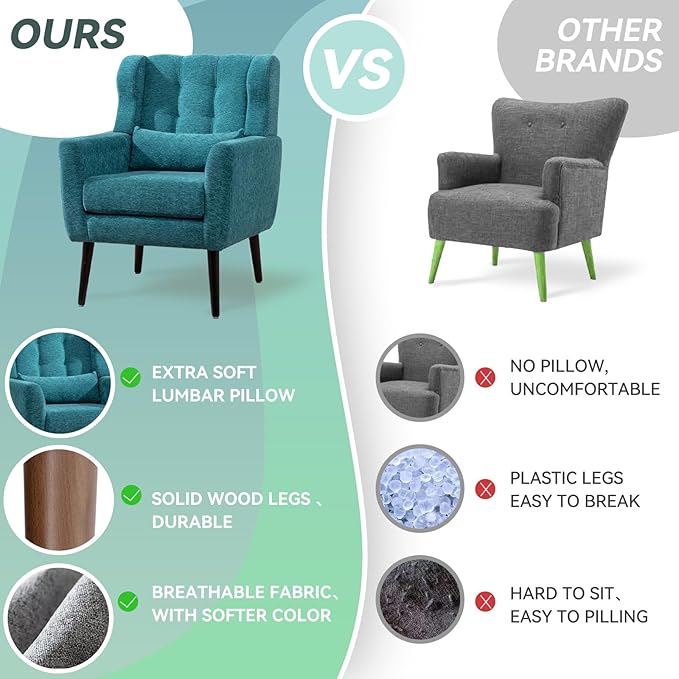QKFF Modern Accent Chair, Upholstered Armchair with Pillow, Fabric Single Sofa Chair with Lounge Seat and Wood Legs Accent Chair for Living Room Bedroom Small Spaces (Teal)