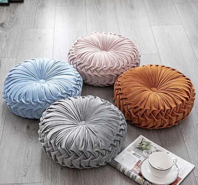 vctops Solid Velvet Seat Cushions Round Floor Pillows Thicken Chair Cushions Pleated Chair Pads Seat Pad Throw Pillows for Bedroom Living Room (Light Blue,Diameter 14")