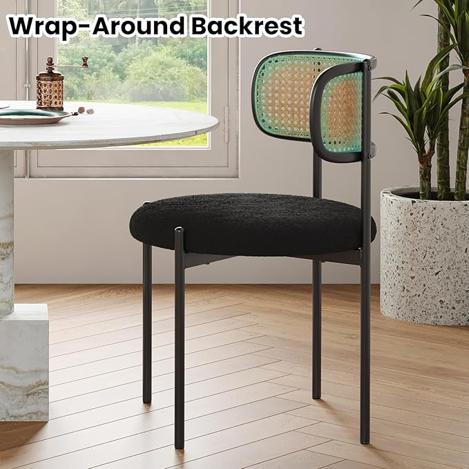 Farini Modern Upholstered Dining Chairs Set of 4,Rattan Back Dining Room Chairs,Accent Kitchen Chairs with Metal Legs,Black