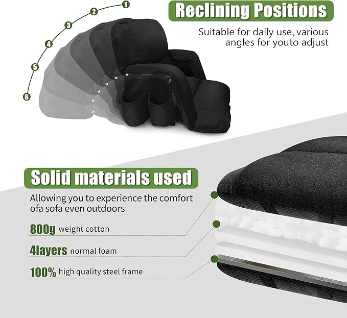 Extra Wide Bleacher Chairs with Back and Cushion Folding Stadium Chairs, Sofa Style Design ，6 Reclining Positions Waterproof Bleacher Seats (2, Black, Wide-26in)