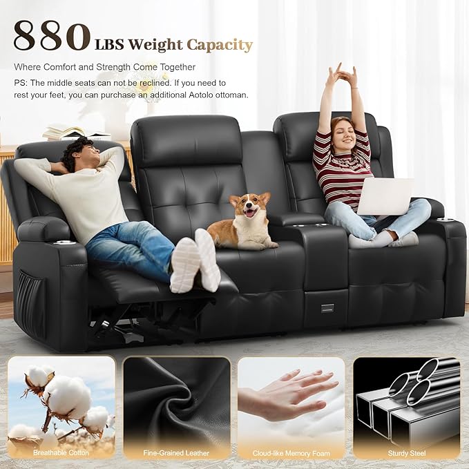 Recliner Sofa, 3 Seater Massage Reclining Loveseat Sofa Sets, 1 Lovseat Reccliner, 2 Single Power Recliner Chairs Heat & Massage, Heavy Weight Capacity, RV Clearance Couch with Console, USB, Type C