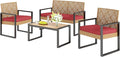 Sophia & William 4 Pieces Patio Conversation Set, Wicker Outdoor Furniture Set for 4, All Weather Outdoor Seating Set, Rattan Loveseat & Chairs with Cushions & Coffee Table, Yellow and Red