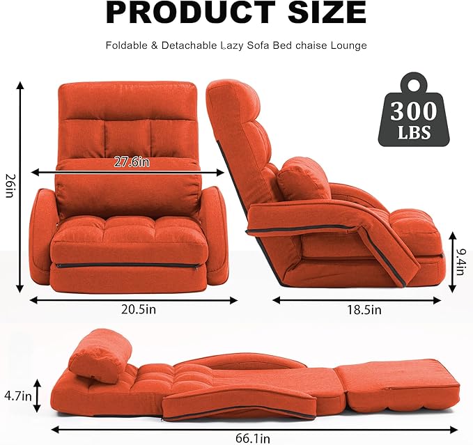 Indoor Floor Chair with Armrest and Pillow Folding Chaise Lounge Sofa 14-Position Adjustable Comfy Gaming Recliner Chair Padded Seats for Adults (Orange)