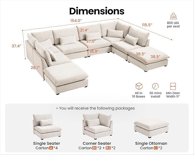 Oversized Modular Sofa, Extra Deep Cloud Chenille Sectional Couch with Ottoman Chaise, Fluffy Chenille 8 Seater Sofa Bed for Living Room, Villa (Sofa Bed 8 Seater, Chenille White)
