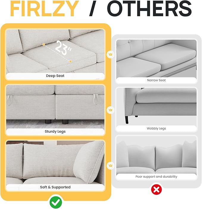 FIRLZY Modular Sectional 4 Seater Sofa with Removable Covers and Storage, Convertible L-Shaped and Sleeper Sectional, Modern Upholstered Couch with Removable Ottoman for Living Room, Gray