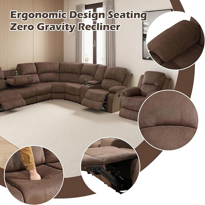 SIENWIEY Manual Recliner Sectional Sofa for Living Room,L Shaped Reclining Sectional Corner Couch with Chair,Brown Fabric Recliner Sofa Set with Storage Console/Drop Down Coffee Table/Cup Holders