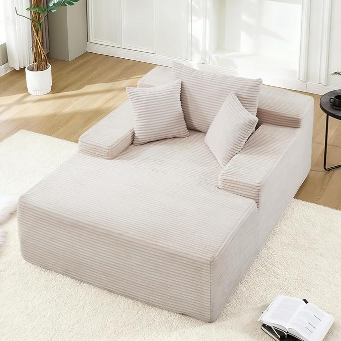 67.3'' Oversized Chaise Lounge Chair Indoor,Corduroy Boneless Couch with 3 Pillows Wide Armrest,Comfy Cloud Couch Sleeper Sofa Reading Chairs for Living Room Bedroom,No Assembly Required (Beige)