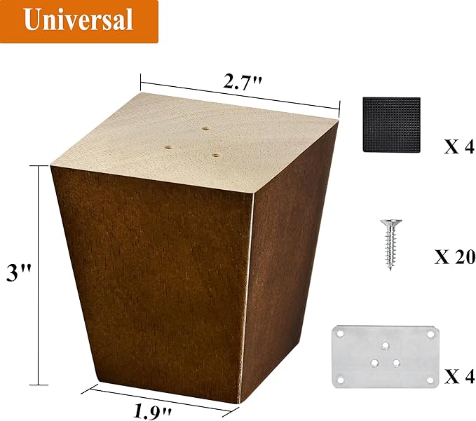 AORYVIC 3 inch Furniture Legs Wood Sofa Legs, Universal Couch Legs Bed Risers Replacement Dresser Legs for Futon, Ottoman, Love Seat, Easy to Install, for U.S.Made and Other Furniture
