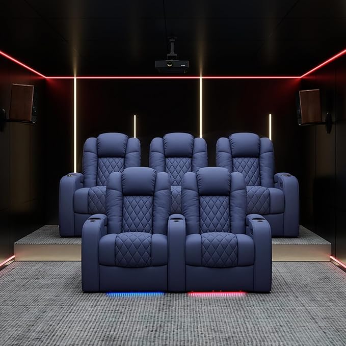 Weilianda Home Theater Seating Top Grain Leather Zero Gravity Recliner Chair Power Headrest Recline Movie Seat Gaming 7 Colors Mood Light Sofa with Tray Table USB Charge Row of 5 Blue
