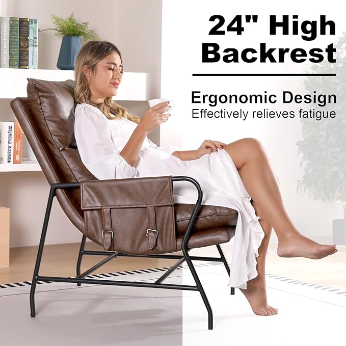 1 Pc Faux Leather Accent Chair for Living Room, 24" High Backrest Upholstered Armchair, Ergonomic Design, Soft Thickened Cushion Comfy Leisure Chair, Mid Century Modern Single Sofa, Dark Brown